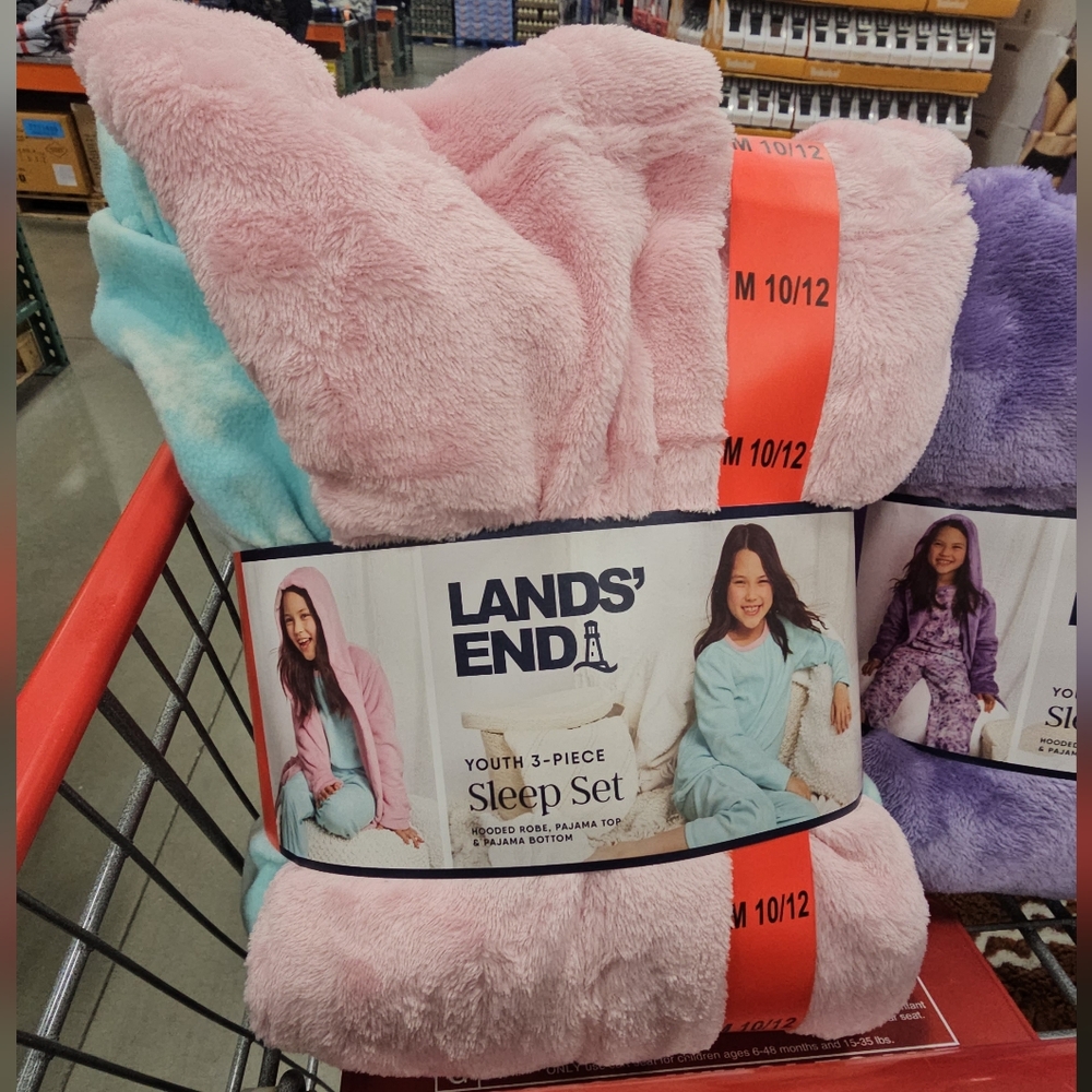 Lands' End Youth' 3 Piece Pajama Set. Hooded Robe, Pajama Top/Bottom. Color Pink